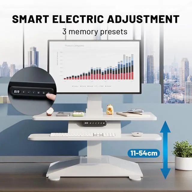 Alt view image 3 of 7 - Electric Standing Desk Converter 28" Wide, Height Adjustable Desk Riser, Computer Workstation, Sit-Stand Convertor for Home, Office, School (White, 1 Arm Included)
