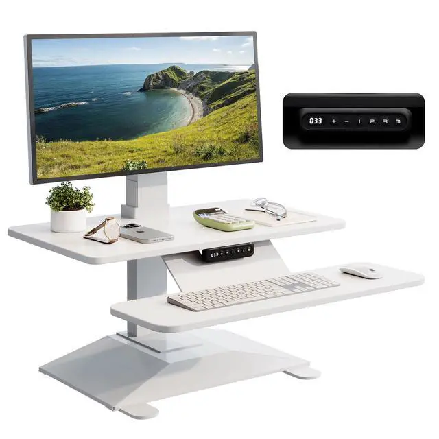 Alt view image 7 of 7 - Electric Standing Desk Converter 28" Wide, Height Adjustable Desk Riser, Computer Workstation, Sit-Stand Convertor for Home, Office, School (White, 1 Arm Included)