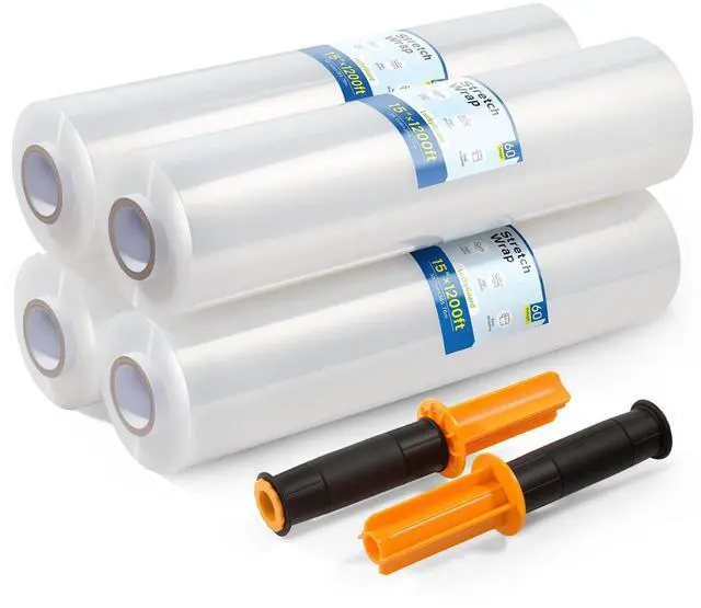 Main image of Stretch Film Wrap 15 Inch x 1200 Feet Self-Adhering Shrink Wrap Roll with Plastic Handles Industrial Strength up to 500% Stretch Wrap for Moving, Packing, Pallet Wrapping (4 Rolls, 60 Gauge)