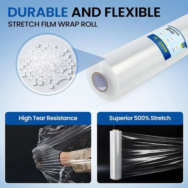 Alt view image 3 of 7 - Stretch Film Wrap 15 Inch x 1200 Feet Self-Adhering Shrink Wrap Roll with Plastic Handles Industrial Strength up to 500% Stretch Wrap for Moving, Packing, Pallet Wrapping (4 Rolls, 60 Gauge)