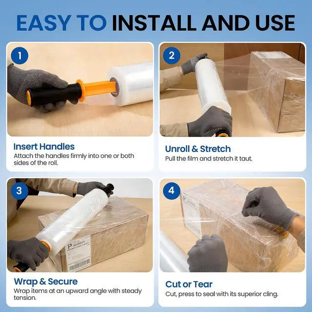 Alt view image 6 of 7 - Stretch Film Wrap 15 Inch x 1200 Feet Self-Adhering Shrink Wrap Roll with Plastic Handles Industrial Strength up to 500% Stretch Wrap for Moving, Packing, Pallet Wrapping (4 Rolls, 60 Gauge)