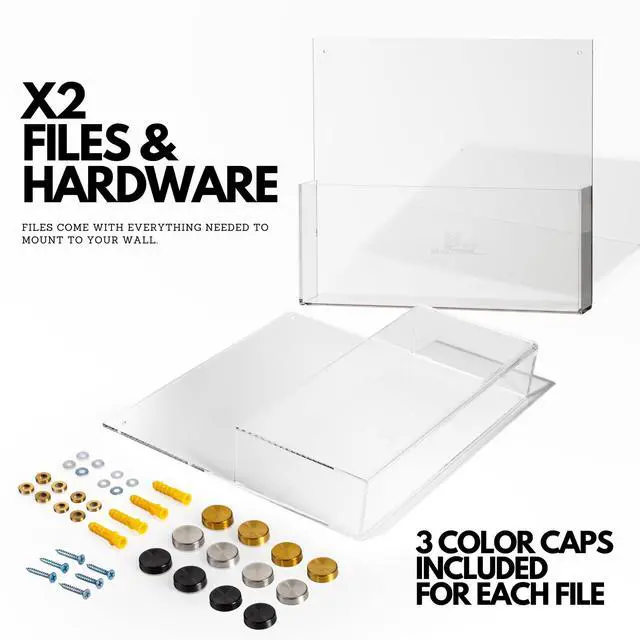 Alt view image 4 of 7 - Premium Clear Acrylic Wall File Organizer 2-Pack | Mail Holder Wall Mount | Office Document Sorter with 3 Screw Cap Colors