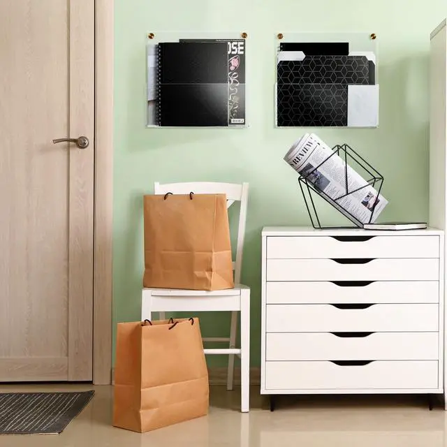 Alt view image 7 of 7 - Premium Clear Acrylic Wall File Organizer 2-Pack | Mail Holder Wall Mount | Office Document Sorter with 3 Screw Cap Colors