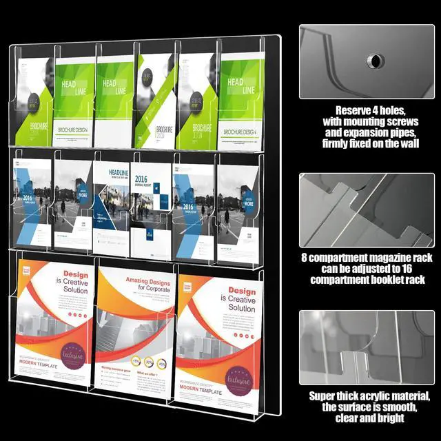 Alt view image 2 of 7 - Acrylic Brochure Holder Wall Mount with 3 Magazine Pockets and 12 Pamphlet Pockets, Clear Plastic Pamphlet Holder Magazines Display Trifold Flyer Rack Hanging Literature Storage Organizer