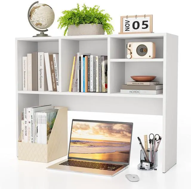 Main image of 2-Tier Desktop Bookshelf Hutch, Wood Countertop Storage Organizer with 4 Storage Compartments for Computer Desk, Multipurpose Tabletop Display Rack for Home Office Dorm Bedroom, White