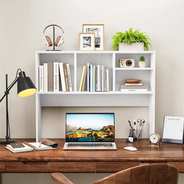 Alt view image 2 of 6 - 2-Tier Desktop Bookshelf Hutch, Wood Countertop Storage Organizer with 4 Storage Compartments for Computer Desk, Multipurpose Tabletop Display Rack for Home Office Dorm Bedroom, White