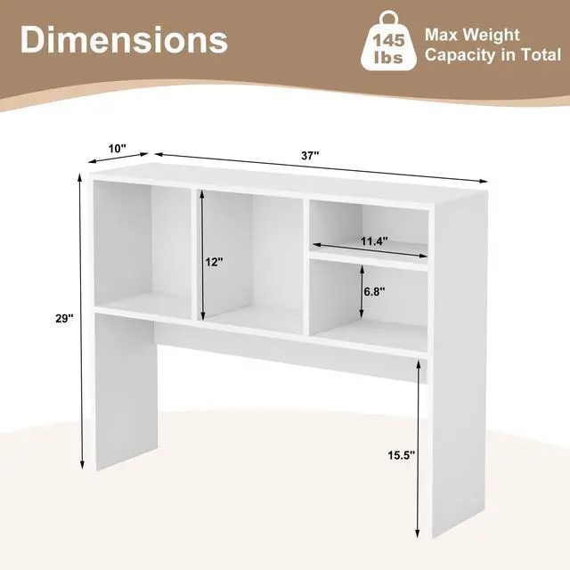 Alt view image 3 of 6 - 2-Tier Desktop Bookshelf Hutch, Wood Countertop Storage Organizer with 4 Storage Compartments for Computer Desk, Multipurpose Tabletop Display Rack for Home Office Dorm Bedroom, White