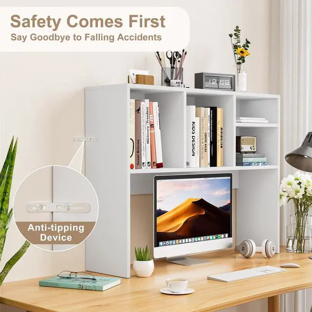 Alt view image 4 of 6 - 2-Tier Desktop Bookshelf Hutch, Wood Countertop Storage Organizer with 4 Storage Compartments for Computer Desk, Multipurpose Tabletop Display Rack for Home Office Dorm Bedroom, White
