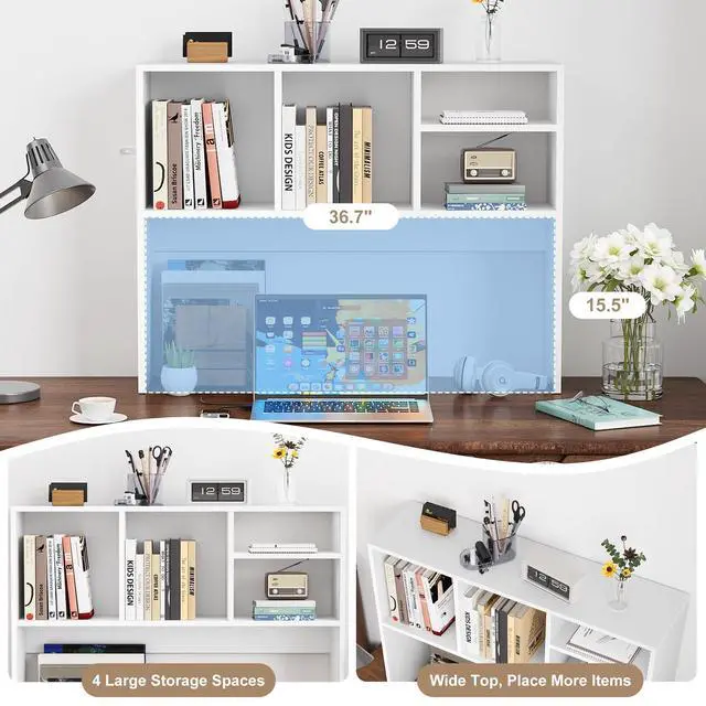 Alt view image 5 of 6 - 2-Tier Desktop Bookshelf Hutch, Wood Countertop Storage Organizer with 4 Storage Compartments for Computer Desk, Multipurpose Tabletop Display Rack for Home Office Dorm Bedroom, White