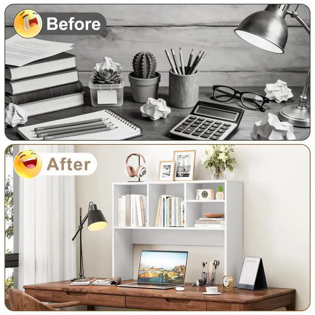 Alt view image 6 of 6 - 2-Tier Desktop Bookshelf Hutch, Wood Countertop Storage Organizer with 4 Storage Compartments for Computer Desk, Multipurpose Tabletop Display Rack for Home Office Dorm Bedroom, White