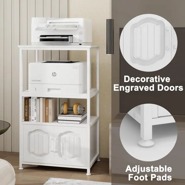 Alt view image 7 of 7 - 4 Tier Printer Stand, File Cabinet w/Adjustable Open Shelves,White | Filling Cabinet with Book Shelf, Office Vertical Open Cabinet, Decorative Wood Printer Shelf with Storage for Home Office