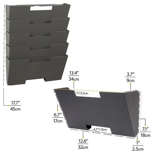 Alt view image 6 of 7 - Lisbon Metal Wall File Holder Organizer, 5-Tier File Folders Letter Size Magazine Holder and Office Decor, Gray
