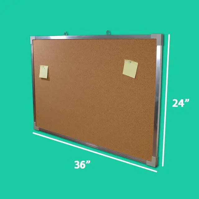 Alt view image 3 of 6 - 24" x 36" (2' x 3') Cork Bulletin Board, Silver Aluminum Framed, Message and Vision Board, Memo Pin, Hanging Wall Mounted
