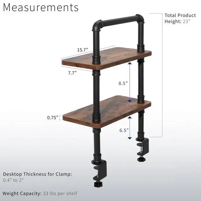 Alt view image 3 of 7 - Clamp-on Premium 16 inch Industrial Pipe 2-Tier Tabletop Shelving, Heavy Duty Desk Extension Organizer, Modern Desktop Display Shelf, Rustic Vintage Brown Shelves, DESK-SHELF16-2N
