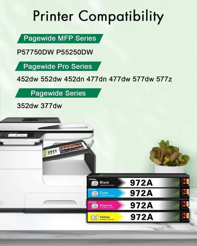 Alt view image 2 of 7 - 972A Ink Cartridges High Yield Replacement for HP 972A 972X Ink Cartridges Pagewide Pro 477dw 577dw 452dw 552dw 452dn 477dn P57750dw Printer (4-Pack, Black/Cyan/Magenta/Yellow)