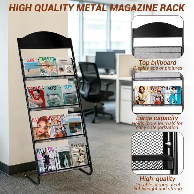 Alt view image 6 of 7 - 4-Tier Magazine Stand, 24.8'' Wide Iron Brochure Holder, Metal Newspaper & Literature Display Rack for Office, Waiting Room, Lobby, Classroom & Retail Store