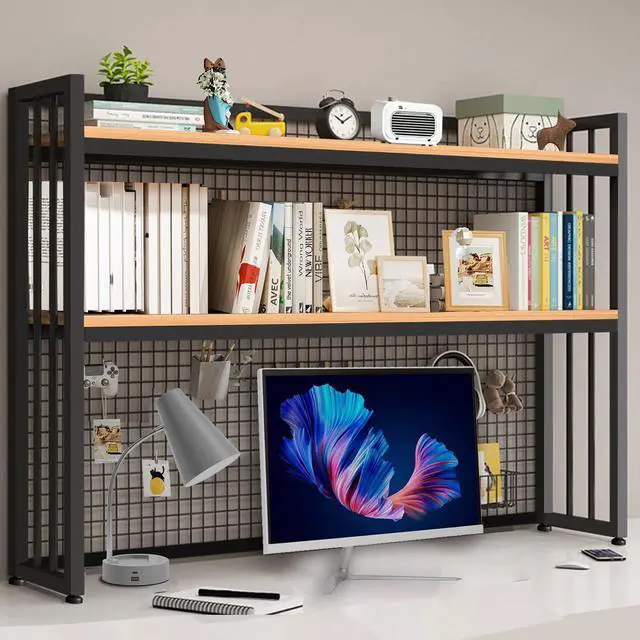 Main image of Desktop Hutch Bookshelf Metal Desk Shelf, 2-Tier Storage Display Shelf for Computer Desk, Multifunctional Freestanding Storage Rack Display Shelf for Office, Home Decor, Kitchen (45.2*35*9.44 IN)