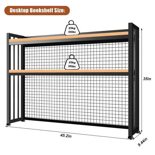 Alt view image 2 of 7 - Desktop Hutch Bookshelf Metal Desk Shelf, 2-Tier Storage Display Shelf for Computer Desk, Multifunctional Freestanding Storage Rack Display Shelf for Office, Home Decor, Kitchen (45.2*35*9.44 IN)
