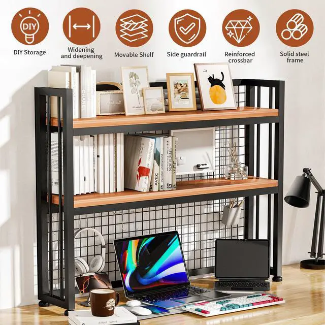 Alt view image 3 of 7 - Desktop Hutch Bookshelf Metal Desk Shelf, 2-Tier Storage Display Shelf for Computer Desk, Multifunctional Freestanding Storage Rack Display Shelf for Office, Home Decor, Kitchen (45.2*35*9.44 IN)