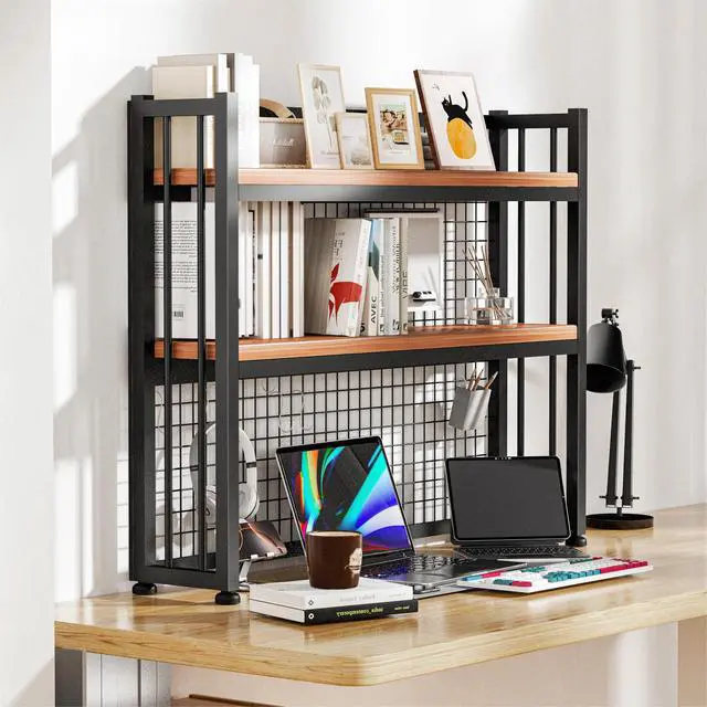 Alt view image 7 of 7 - Desktop Hutch Bookshelf Metal Desk Shelf, 2-Tier Storage Display Shelf for Computer Desk, Multifunctional Freestanding Storage Rack Display Shelf for Office, Home Decor, Kitchen (45.2*35*9.44 IN)