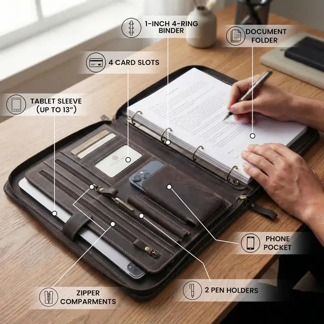 Alt view image 5 of 7 - Genuine Leather Zipper Portfolio Organizer - Professional Business 4 Ring Binder Padfolio Binder for Documents, Cards, iPad, Phone, Resume Folder, Folio for Men & Women-Mahogany Brown