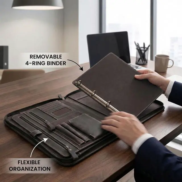 Alt view image 2 of 7 - Genuine Leather Zipper Portfolio Organizer - Professional Business 4 Ring Binder Padfolio Binder for Documents, Cards, iPad, Tablet, Phone, Resume Folder, Folio for Men & Women -Brown