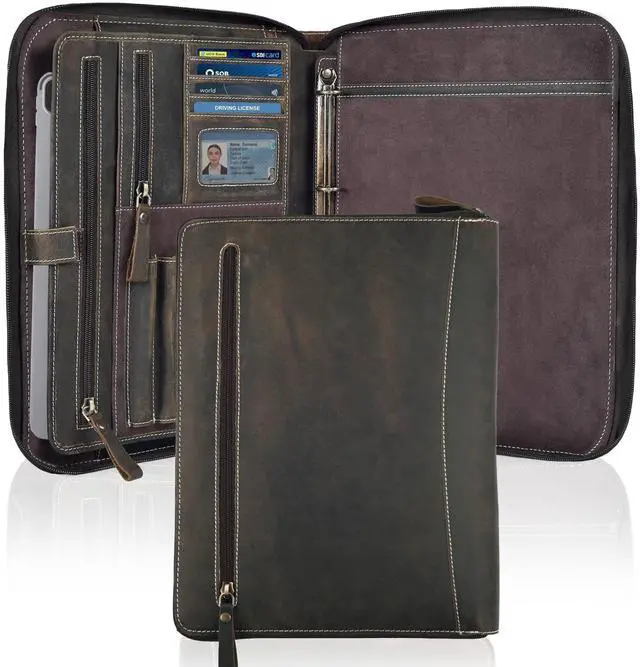 Main image of Genuine Leather Zipper Portfolio Organizer - Professional Business 4 Ring Binder Padfolio Binder for Documents, Cards, iPad, Tablet, Phone, Resume Folder, Folio for Men & Women -Brown