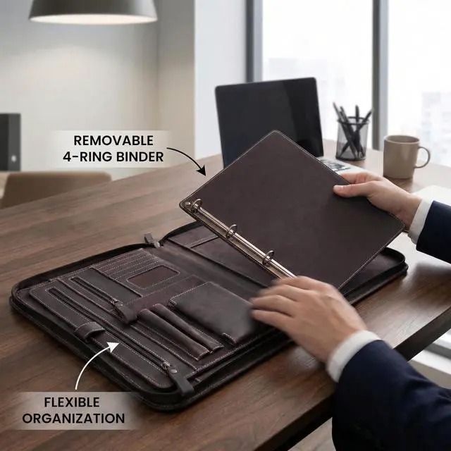 Alt view image 3 of 7 - Genuine Leather Zipper Portfolio Organizer - Professional Business 4 Ring Binder Padfolio Binder for Documents, Cards, iPad, Phone, Resume Folder, Folio for Men & Women-Mahogany Brown