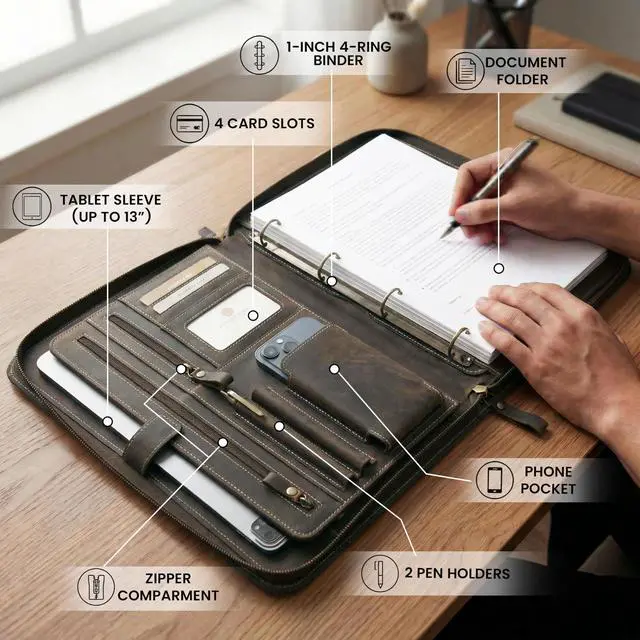 Alt view image 5 of 7 - Genuine Leather Zipper Portfolio Organizer - Professional Business 4 Ring Binder Padfolio Binder for Documents, Cards, iPad, Tablet, Phone, Resume Folder, Folio for Men & Women -Brown