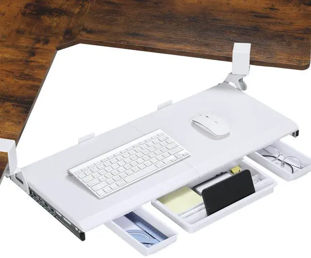 Main image of Keyboard Tray Under Desk, Ergonomic Corner Keyboard Tray with 180° Adjustable C Clamp for L Shape Desk 26.77" X 12.2" Easy to Install, Computer Keyboard Stand for Home and Office (White)