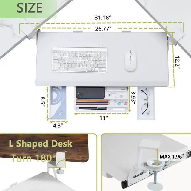 Alt view image 2 of 7 - Keyboard Tray Under Desk, Ergonomic Corner Keyboard Tray with 180° Adjustable C Clamp for L Shape Desk 26.77" X 12.2" Easy to Install, Computer Keyboard Stand for Home and Office (White)