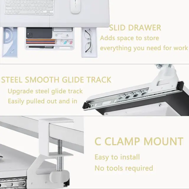 Alt view image 3 of 7 - Keyboard Tray Under Desk, Ergonomic Corner Keyboard Tray with 180° Adjustable C Clamp for L Shape Desk 26.77" X 12.2" Easy to Install, Computer Keyboard Stand for Home and Office (White)