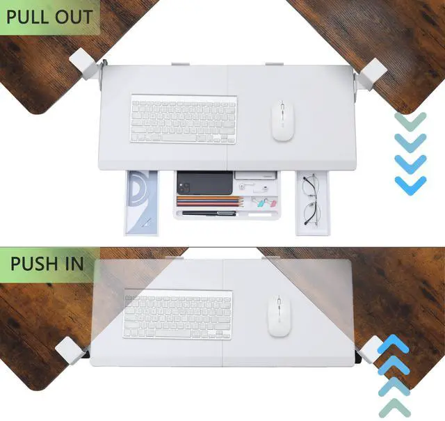 Alt view image 4 of 7 - Keyboard Tray Under Desk, Ergonomic Corner Keyboard Tray with 180° Adjustable C Clamp for L Shape Desk 26.77" X 12.2" Easy to Install, Computer Keyboard Stand for Home and Office (White)