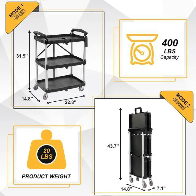 Alt view image 2 of 4 - Portable Folding Collapsible Service Cart Foldable Service Cart 3 Tier Collapsible Push Cart Folding Utility Carts with Wheels for Office Warehouse Home, Black
