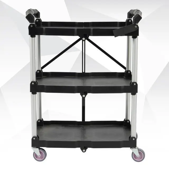 Alt view image 3 of 4 - Portable Folding Collapsible Service Cart Foldable Service Cart 3 Tier Collapsible Push Cart Folding Utility Carts with Wheels for Office Warehouse Home, Black