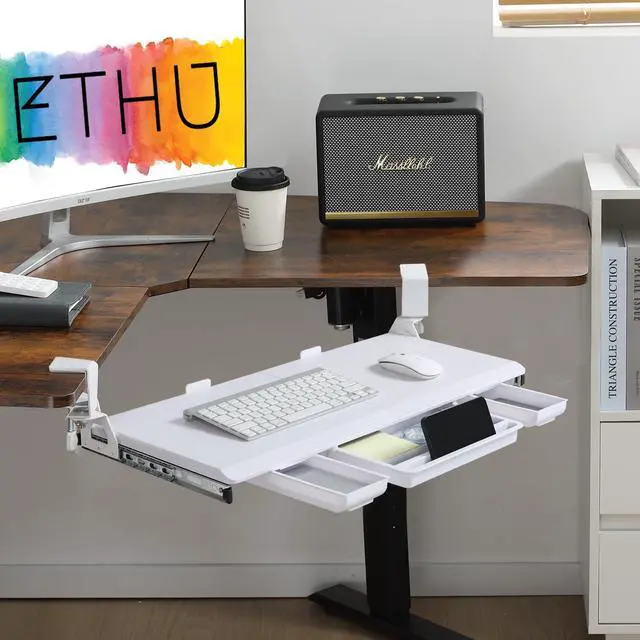 Alt view image 7 of 7 - Keyboard Tray Under Desk, Ergonomic Corner Keyboard Tray with 180° Adjustable C Clamp for L Shape Desk 26.77" X 12.2" Easy to Install, Computer Keyboard Stand for Home and Office (White)
