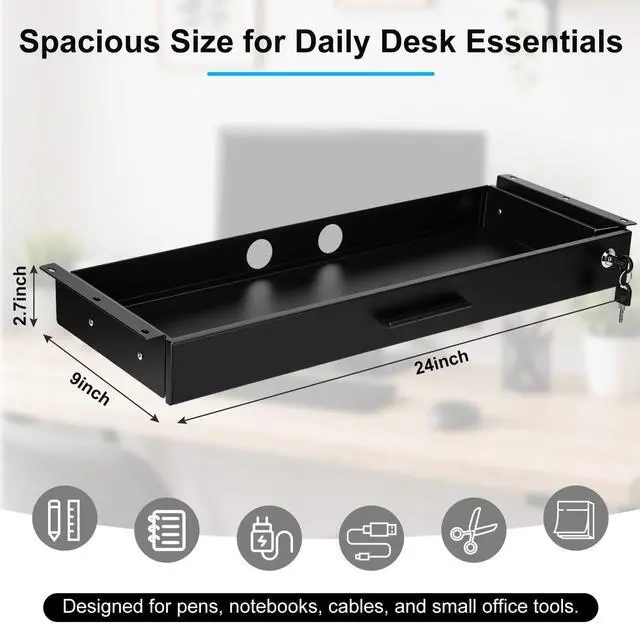 Alt view image 2 of 6 - 24'' x 9'' Under Desk Drawer Slide Out Storage Organizer, Lockable Metal Desk Drawer for Laptop and Office Accessories, Large Hidden Under Table Storage Box with Cable Management, Black