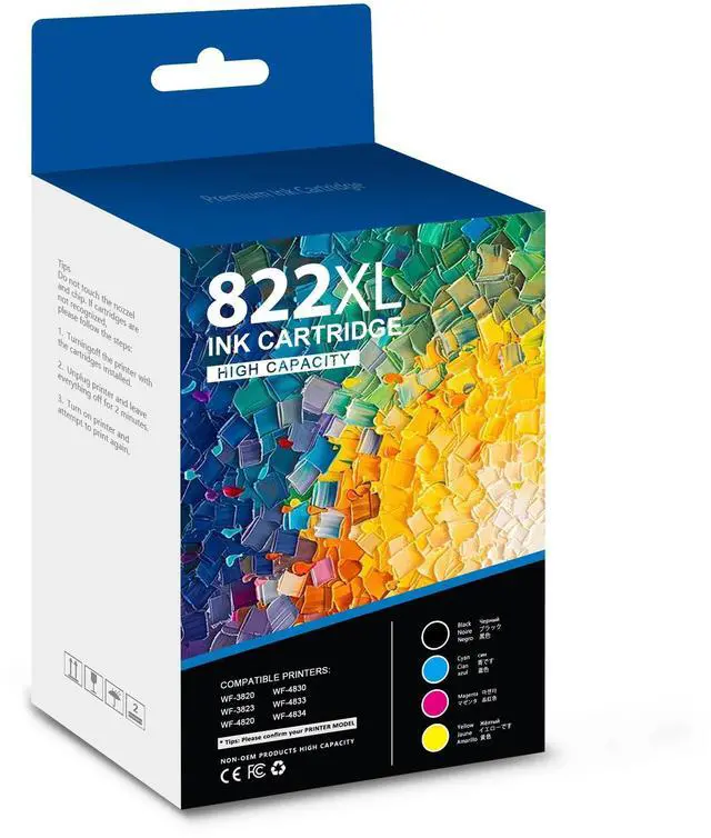 Main image of 822XL Black Cyan Magenta Yellow High Capacity Ink Cartridge Remanufactured Compatible Replacement for 822XL Ink Cartridge for WF-3820 WF-3823 WF-4820 WF-4830 WF-4833 WF-4834 Printers (4-Color)