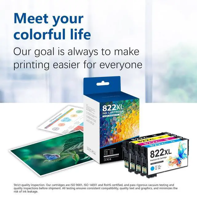 Alt view image 5 of 7 - 822XL Black Cyan Magenta Yellow High Capacity Ink Cartridge Remanufactured Compatible Replacement for 822XL Ink Cartridge for WF-3820 WF-3823 WF-4820 WF-4830 WF-4833 WF-4834 Printers (4-Color)