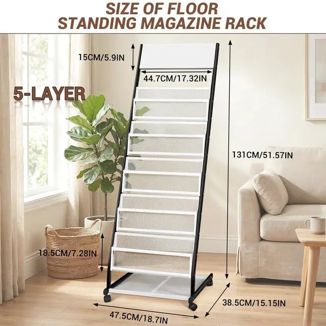 Alt view image 2 of 7 - Floor Standing Magazine Rack 5 Layer with Wheels, Brochure Display Stand Large Newspaper Stand for Trade Show Exhibitions Office (Width 18.7 IN)