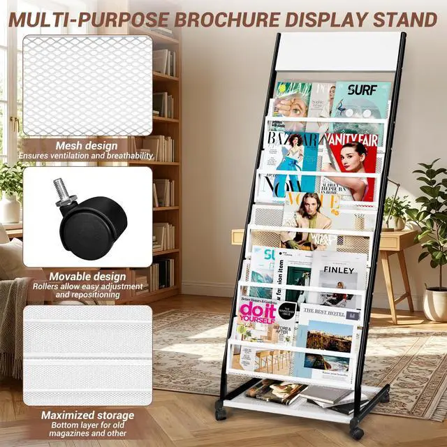 Alt view image 4 of 7 - Floor Standing Magazine Rack 5 Layer with Wheels, Brochure Display Stand Large Newspaper Stand for Trade Show Exhibitions Office (Width 18.7 IN)