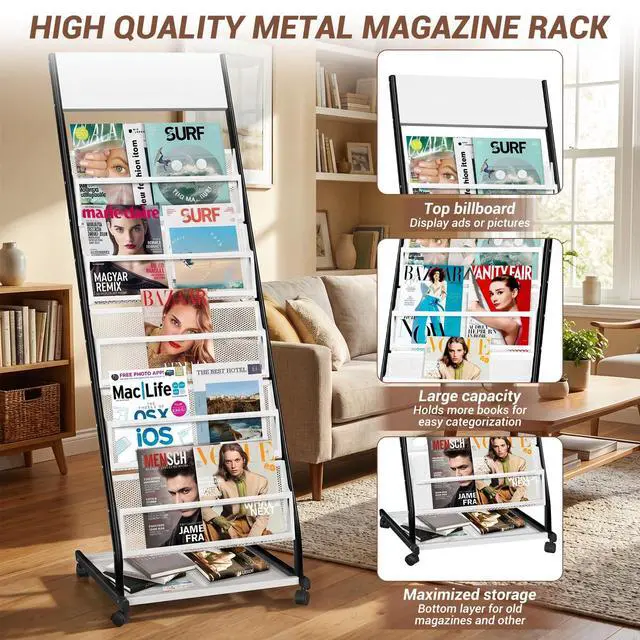 Alt view image 3 of 7 - Floor Standing Magazine Rack 5 Layer with Wheels, Brochure Display Stand Large Newspaper Stand for Trade Show Exhibitions Office (Width 18.7 IN)