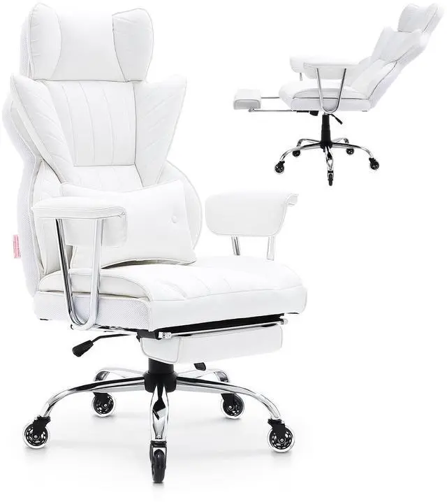 Main image of Reclining Office Chair with Footrest, Heavy Duty PU Leather Oversize Office Chair, Big and Tall Executive Office Chairs with Lumbar Support, Strong Metal Base Quiet Wheels, White
