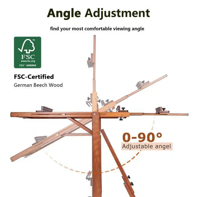 Alt view image 4 of 7 - Large H-Frame Painting Easel for Adults, Solid Beech Wood, Walnut | Movable & Tilting Flat Floor Stand, Holds Canvases up to 78", Adjustable Heavy Duty Studio Art Easel for Artists