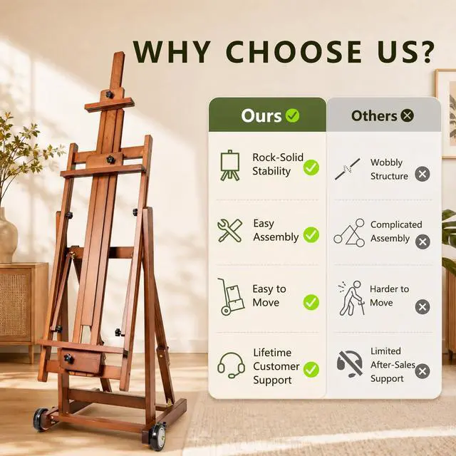 Alt view image 6 of 7 - Large H-Frame Painting Easel for Adults, Solid Beech Wood, Walnut | Movable & Tilting Flat Floor Stand, Holds Canvases up to 78", Adjustable Heavy Duty Studio Art Easel for Artists