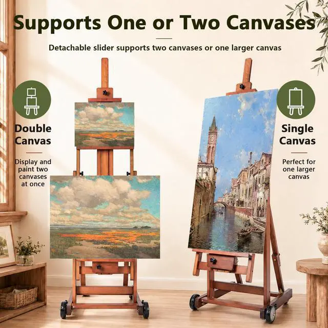 Alt view image 5 of 7 - Large H-Frame Painting Easel for Adults, Solid Beech Wood, Walnut | Movable & Tilting Flat Floor Stand, Holds Canvases up to 78", Adjustable Heavy Duty Studio Art Easel for Artists