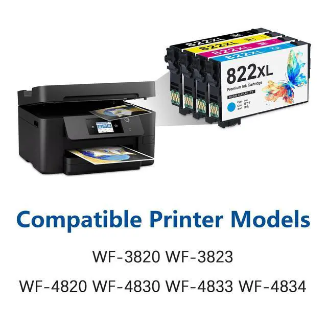 Alt view image 2 of 7 - 822XL Black Cyan Magenta Yellow High Capacity Ink Cartridge Remanufactured Compatible Replacement for 822XL Ink Cartridge for WF-3820 WF-3823 WF-4820 WF-4830 WF-4833 WF-4834 Printers (4-Color)
