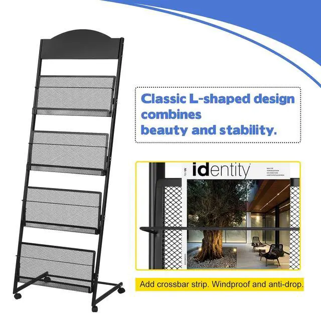 Alt view image 2 of 7 - 18.9''W Floor-Standing Magazine Display Rack, Rolling Journals, Brochure & Newspaper Stand, Literature Holder for Trade Shows, Exhibitions, & Offices, Black