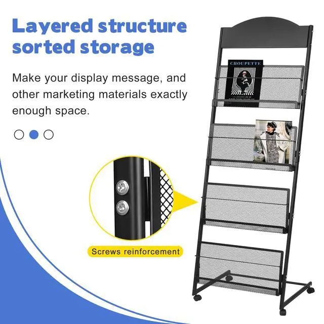 Alt view image 3 of 7 - 18.9''W Floor-Standing Magazine Display Rack, Rolling Journals, Brochure & Newspaper Stand, Literature Holder for Trade Shows, Exhibitions, & Offices, Black