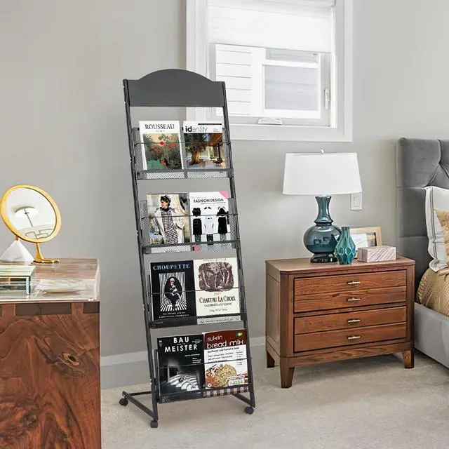 Alt view image 6 of 7 - 18.9''W Floor-Standing Magazine Display Rack, Rolling Journals, Brochure & Newspaper Stand, Literature Holder for Trade Shows, Exhibitions, & Offices, Black